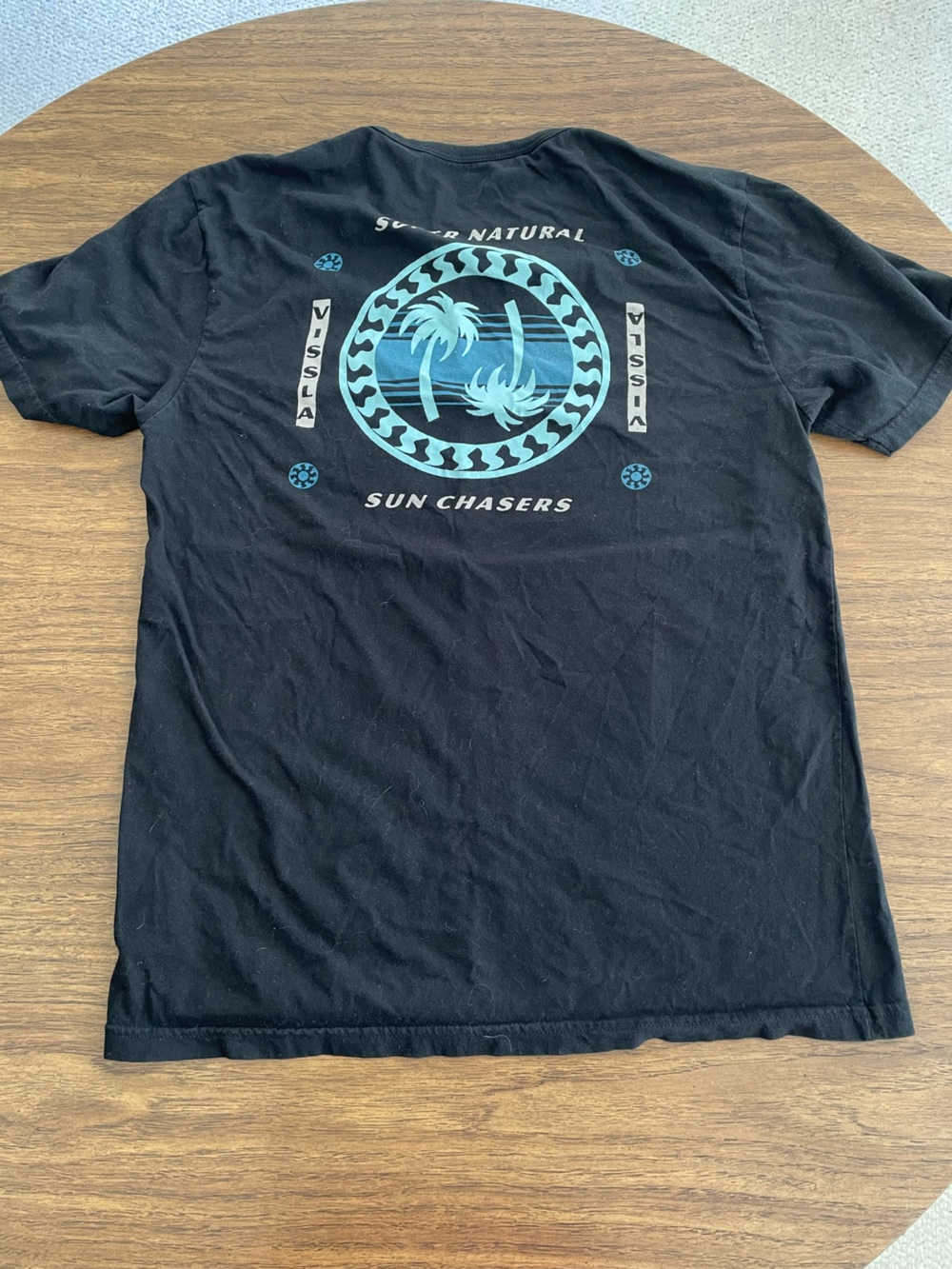 VISSLA Black L Short Sleeve Tee with Light Blue Palm Graphic